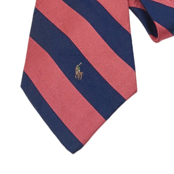 Polo Ralph Lauren Silk Repp Tie Men’s 61” Navy Pink Stripe Embroidered Logo Wide - Picture 1 of 3
